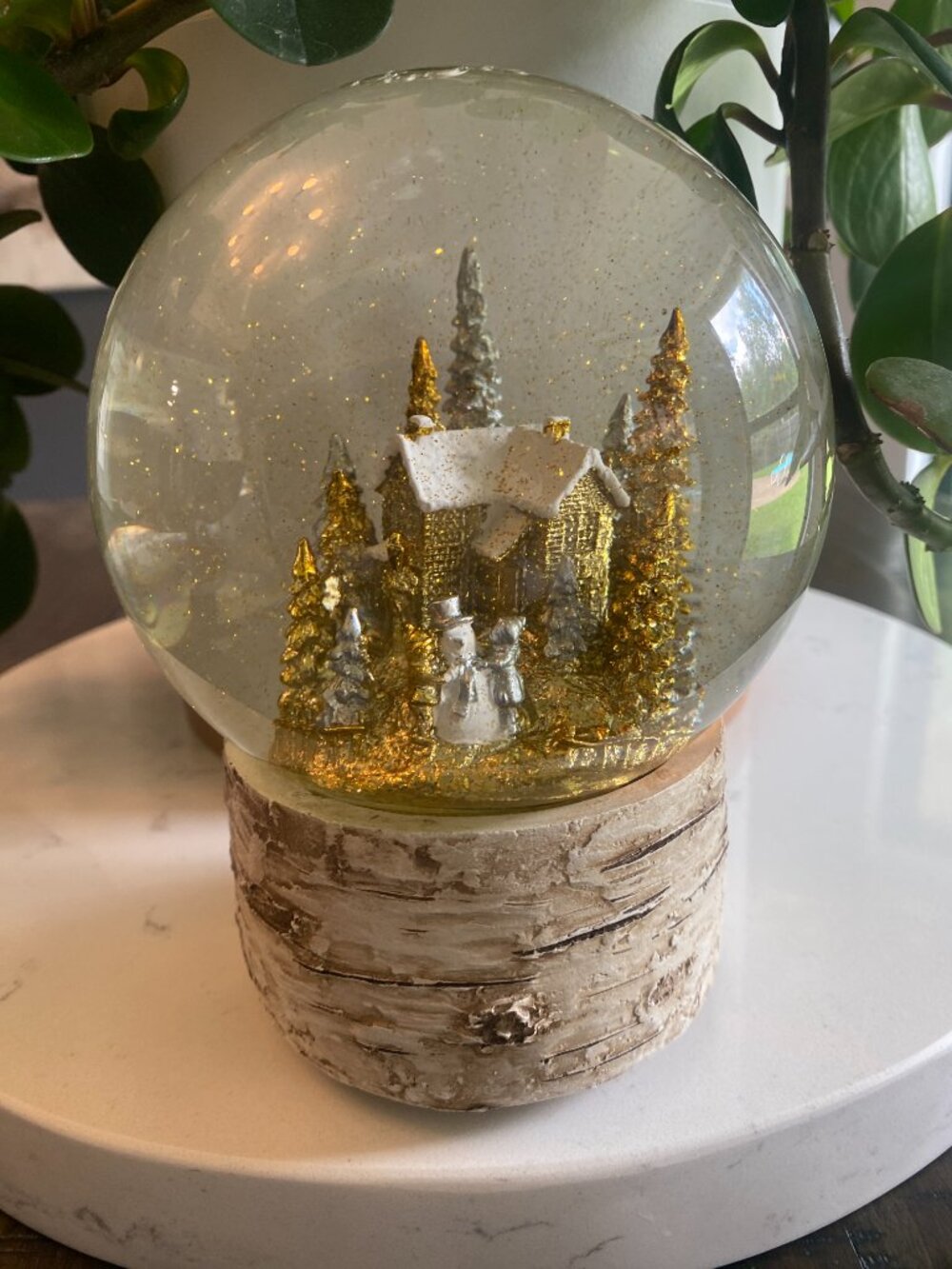 Musical Snow Globe Birch Base Winter Cabin Snowmen Gold Glitter Christmas Decor